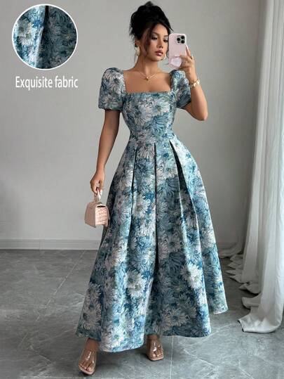 Elenzga Elegant Embroidered Puff Sleeve Midi Dress For Women, Summer