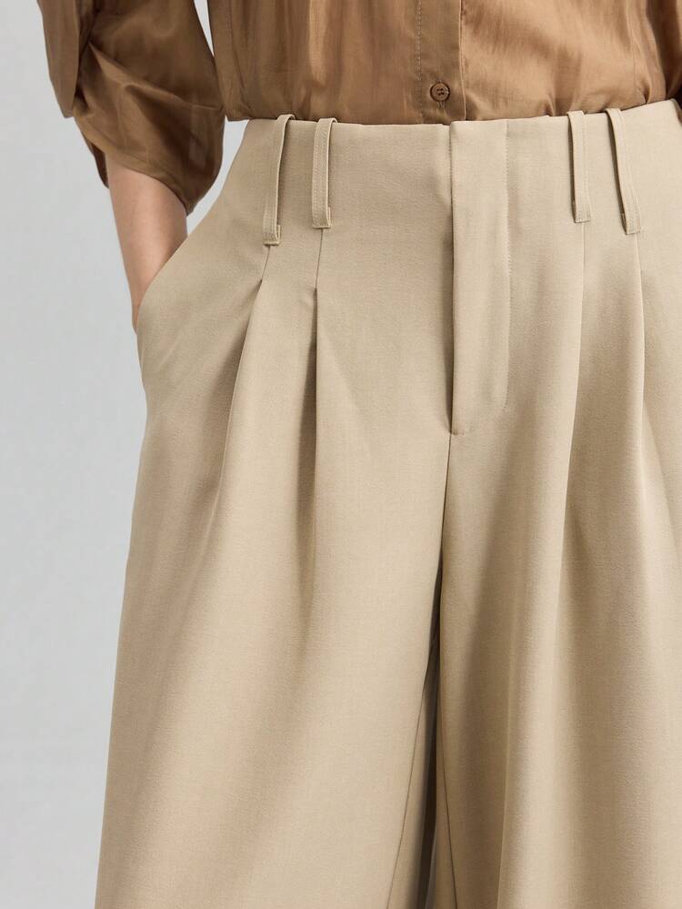 2025 New Women's Autumn, Retro 2000s Countryside Style Back-To-School Academic Office Business Casual Date Outing Airport Party Wear, Solid Color Pocket Pleated Loose Wide Leg Pants