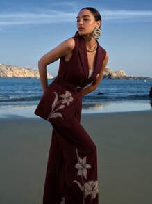 ZEYLAH Business Style Embroidered Linen Loose Fit Dual Breasted Suit Vest - Burgundy - View 11