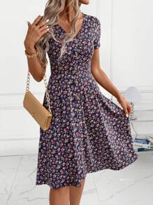 SHEIN Clasi Women's Casual Knitted Midi Dress With Flared Hem And V Neckline For Everyday Style