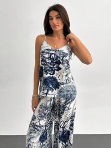 EURMUSE Set de 2 piese pentru femei, maiou cu imprimeu albastru și alb și pantaloni largi