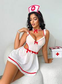 SHEIN 4 件套女士内衣套装（连衣裙、丁字裤、护士帽、衣领） - 白色 - 查看 4