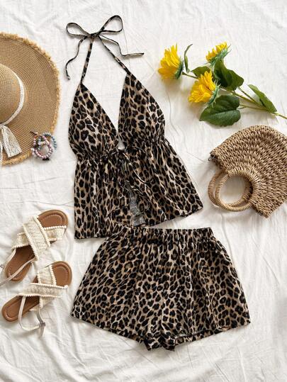 Soleia 1 套女士加大码时尚经典豹纹 V 领露背系带性感背心和宽松超短裤套装，适合约会、派对、休闲街头风格