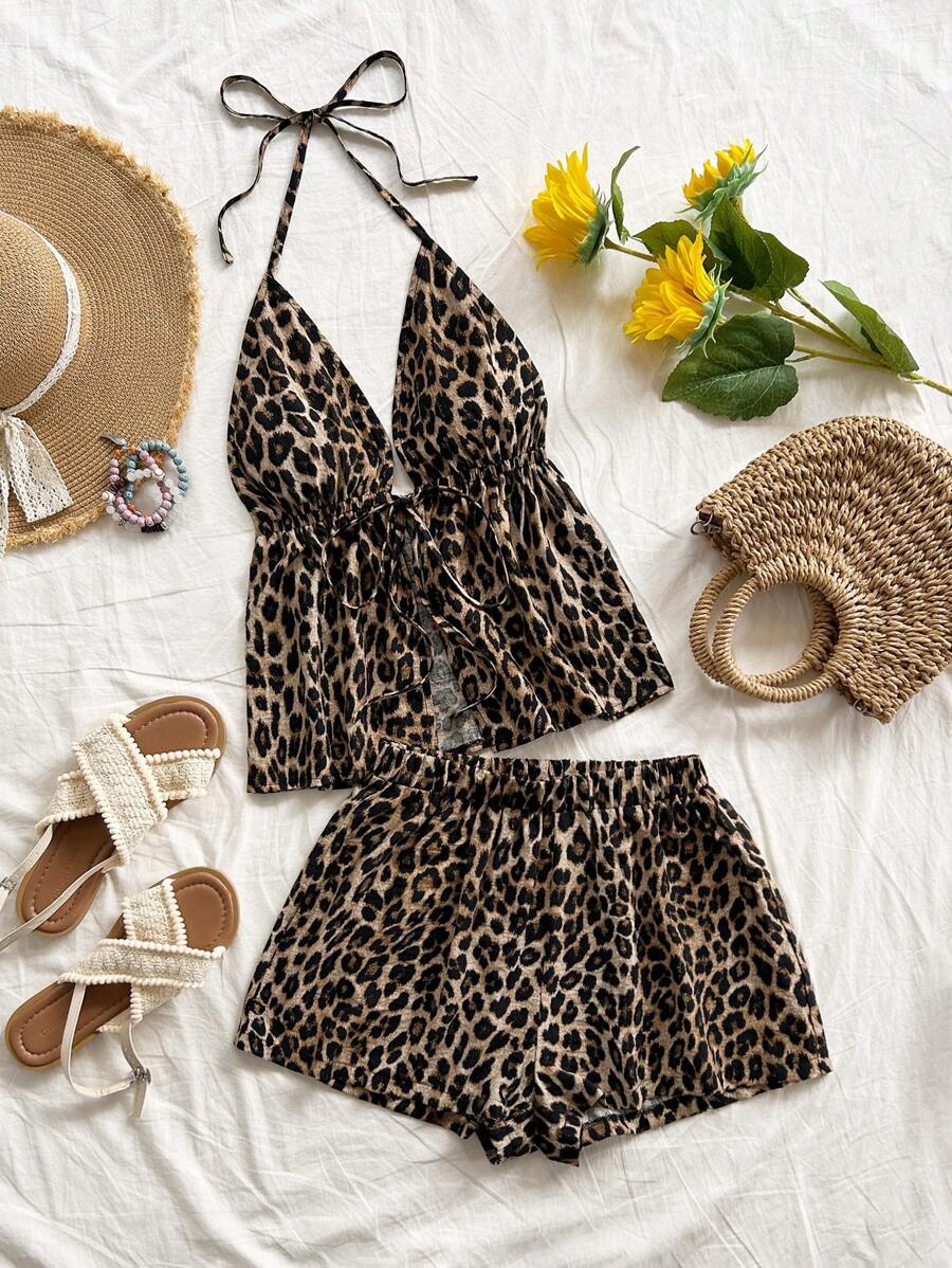 Soleia 1 套女士加大码时尚经典豹纹 V 领露背系带性感背心和宽松超短裤套装，适合约会、派对、休闲街头风格 - 彩色 - 查看 1