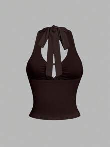 Sweetra Áo ba lỗ gợi cảm cổ điển có khóa kim loại cổ chữ V sâu - màu nâu - Xem 2