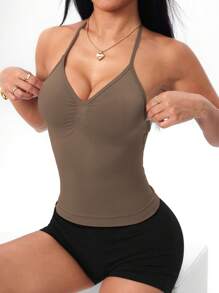 Easithlete Women's Plain Color Ruched Casual Sports Top - Brown - View 5