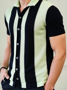 Manfinity Homme Men Men Striped Pattern Knit Polo Top, Knitted Men Shirt, Men Crochet Shirts, Men Retro Shirt, Men Jersey Shirt, Men Shirts Short Sleeve Color Green - Multicolor - View 6