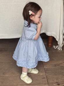 Hapijoa 女童韩版清新领口格子荷叶边下摆中长连衣裙 - 藍色 - 查看 3