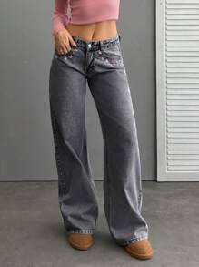 EURMUSE Women Floral Embroidered Low Waist Wide Leg Loose Casual Jeans - Dark Grey - View 6