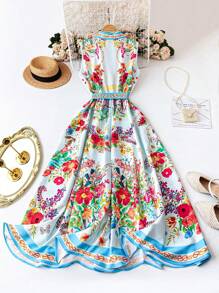 SHEIN Unity 大码女式翻领无袖花卉印花束腰优雅波西米亚风格假日长裙，春夏