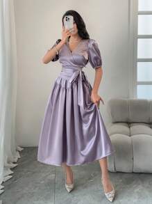 DAZY 两件套：女士纯色V领泡泡袖系带衬衫和裙子 - 紫色 - 查看 3