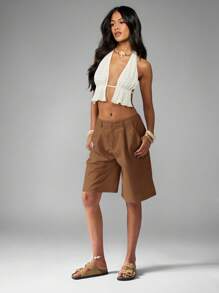 MISSGUIDED High Waisted Bermuda Shorts Lightweight Tailored Summer Beach Casual Long Walking Shorts With Pockets - Chocolate Brown - View 5