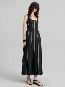 Ontre Linen Fabric Colorblock Sleeveless Round Neck Simple Fashion Dress, Casual Vacation Dress, Business Casual Dress For Women, Autumn