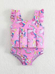 Baby Girls Beachwear Baby Girls Swimsuit One-Piece One-Piece Swimsuit Knitted Polyester Digital Printed Cute Cartoon Unicorn Swimsuit Can Float Buoyancy Swimsuit For Baby Girls Girl