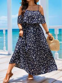 SHEIN LUNE Long Off-The-Shoulder Boho Dress With Flower Print For Plus-Size Women In Summer Vacation Outfits Dress,Summer Dresses For Women,Maxi Dress
