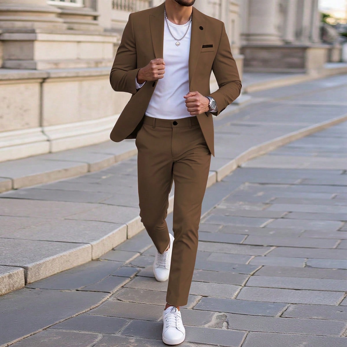 Conjunto de traje casual formal de blazer de manga larga y pantalones de unicolor para hombres, trajes de hombre marrón, ceremonia