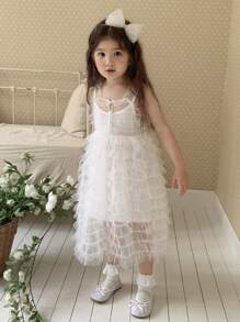 DAZY Young Girl Casual Mesh Trim Refreshing Mid-Length Dress, Girls Summer Outfits - Apricot - View 5