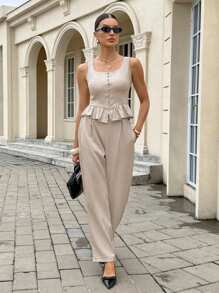 Siren Gaze Women 2 Pieces Set: Solid Color Ruffle Trim Buttoned Vest Top And Long Pants Suit Summer Casual - Apricot - View 7