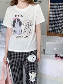 两件套青少年女孩灰色格子短裤和卡通狗印花短袖休闲舒适睡衣，夏季 - 灰色 - 查看 17
