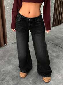 EURMUSE Jeans grises de cintura baja y pierna ancha estilo Y2K - Gris Oscuro - Ver 5