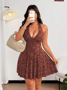 Flirla Plus Size Solid Color Jacquard Low Cut Backless Halter Neck Sexy Maxi Dress