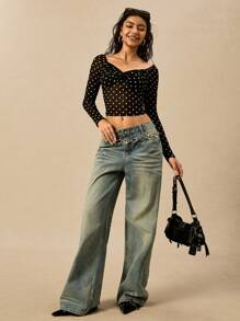 Easelle Women's Spring And Summer Sexy Hot Girl Fashion Casual Retro Modern Black And White Polka Dot Pattern Mesh See-Through Chest Twisted Sweetheart Neck T-Shirt - Black - View 2