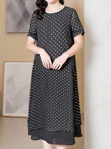 DAZY Plus Size Women's Polka Dot Patchwork Solid Color Chiffon Business Casual Elegant Summer Dress, Regular, Spring/Summer/Autumn - Multicolor - View 1