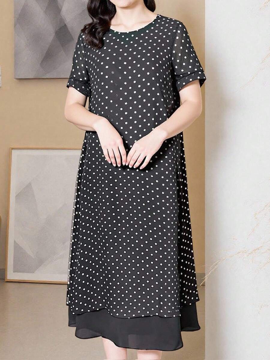 DAZY Plus Size Women's Polka Dot Patchwork Solid Color Chiffon Business Casual Elegant Summer Dress, Regular, Spring/Summer/Autumn - Multicolor - View 1