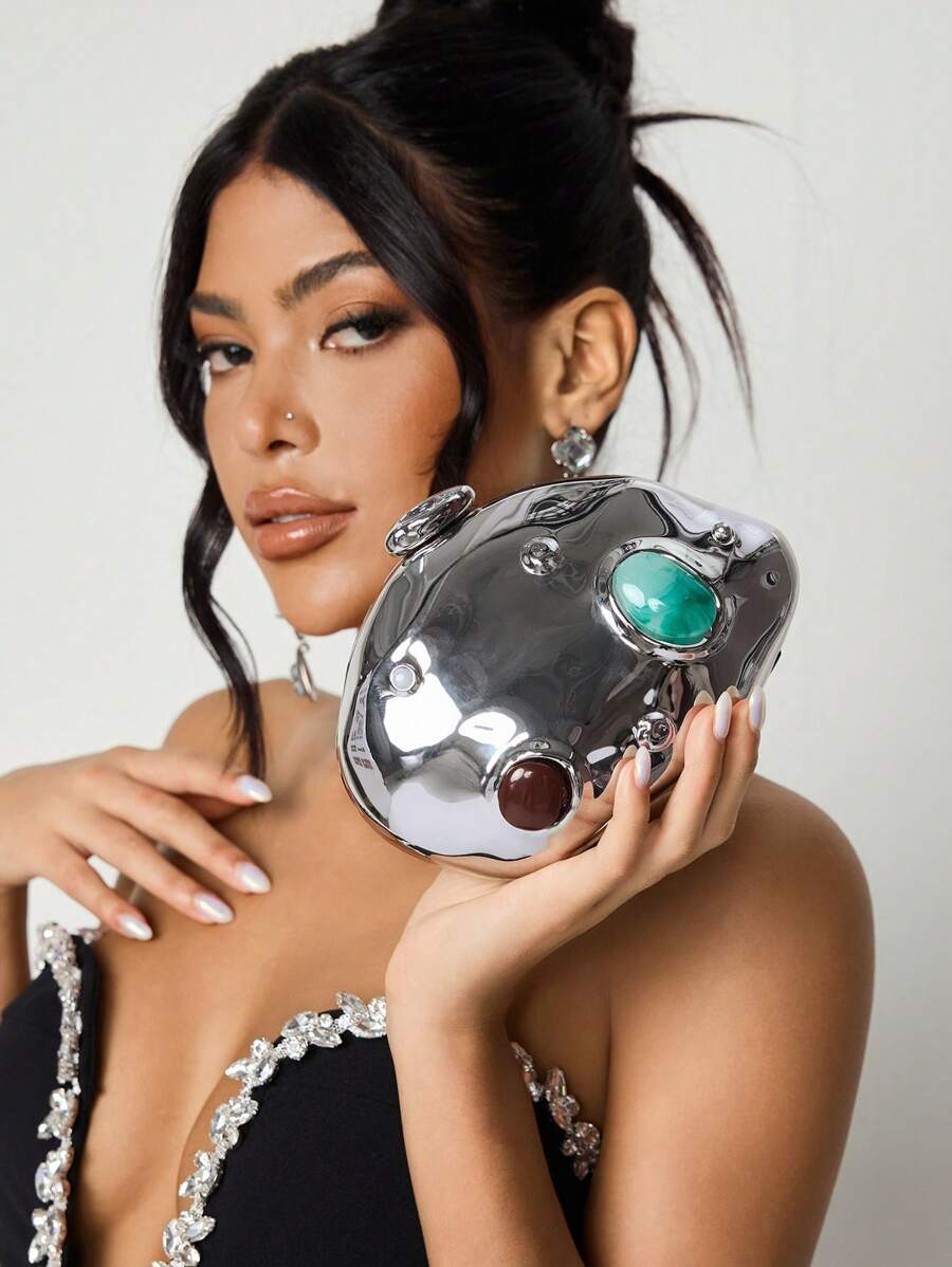 SHEIN SXY 女士晚宴包、手拿包、斜挎包、彩色宝石镶嵌、金色、硬盒包、时尚、奢华、优雅、简约、个性化、多功能，适合鸡尾酒会、派对、舞会、俱乐部、约会、生日、晚会、约会之夜、舞会 - 銀色 - 查看 1