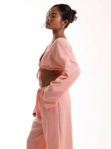 MUSERA Linen Feel Tie Front Wide Sleeve Beach Top Vacation  Spring Vacation Peach Holiday Sexy Going Out Top Elegant - Orange - View 3