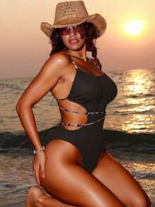 Swim SXY 女士性感露背系带连体泳衣，适合夏季、海滩、度假 - 棕色 - 查看 2