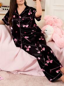 大码女式心形与蝴蝶结印花开襟上衣和裤子睡衣套装