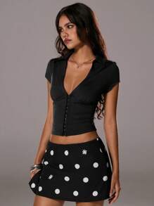 TRNVIE Camiseta de manga corta elegante de unicolor, ajustada y con cuello en V profundo con botones para mujer