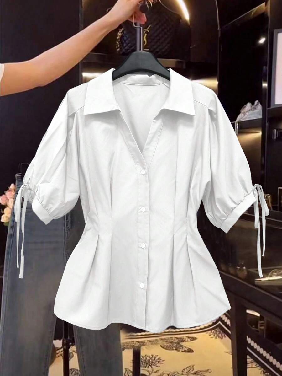 Franclia 女士时尚短袖衬衫，修腰，泡泡袖，遮肚衬衫 - 白色 - 查看 1