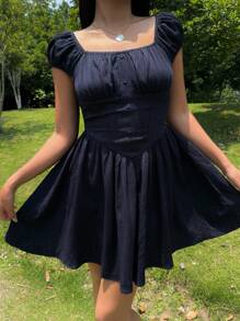 SHEIN Textured Fabric Close-Fitting A-Line Mini Dress For Teens, Square Neck, Navy Blue - Navy Blue - View 5