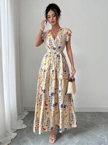 Elenzga Neues Ditsy Blumen Modell Lässig Urlaubs Kleid mit geraffter Taille, Kreuzausschnitt, ausgestelltem Schnitt und Flatterärmeln, Sommer - Verschiedenfarbig - Übersicht 5