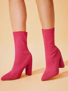 CUCCOO BASICS Botas de tobillo de punto de ajuste ceñido con tacón grueso y elástico de punta afilada para mujer, para el ambiente y los zapatos de primavera, Semana Santa - Rosa Fucsia - Ver 3