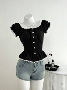 Elamini Chemise décontractée vintage douce pour femmes avec col rond en dentelle, taille froncée, manches bouffantes. Couleurs contrastantes pour l'été