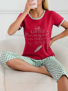 SHEIN Cottnline 100% Cotton 2 chiếc áo sơ mi cotton in khẩu hiệu màu tương phản và quần Capri in chấm bi, đồ ngủ mặc ở nhà - Màu Hồng Tươi - Xem 5