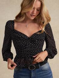 WESTFADE Top con manga larga y volantes de cuello corazón estampado con lunares de primavera para uso diario de mujer