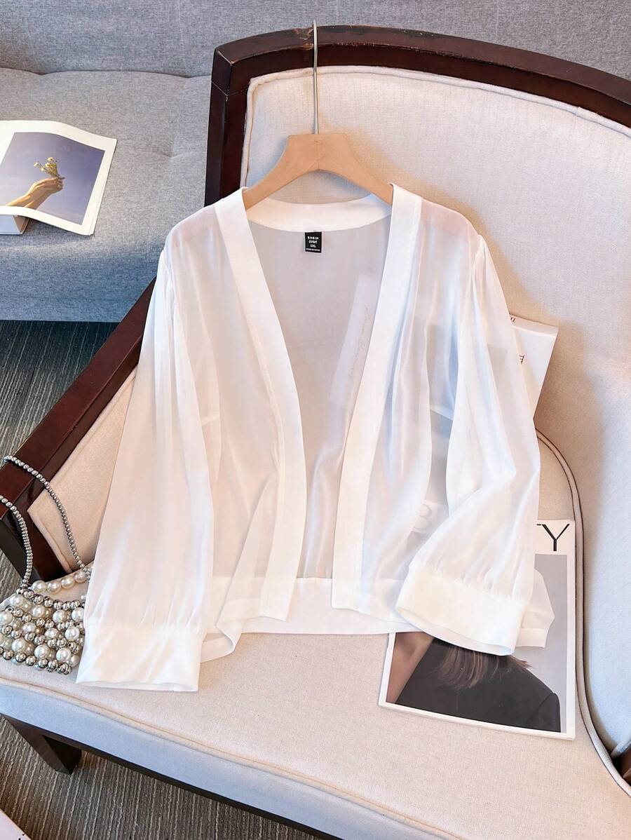 SHEIN Clasi Plus Size Women Casual Solid Color Mesh Sheer Cardigan - White - View 1