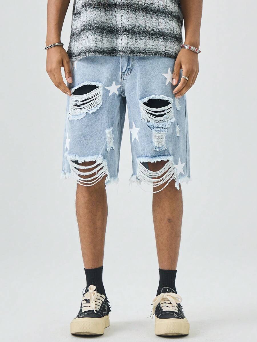 Manfinity EMRG Pantalones cortos de mezclilla con efecto lavado y desgastado con estampado de estrellas para hombres - Lavado ligero - Ver 1