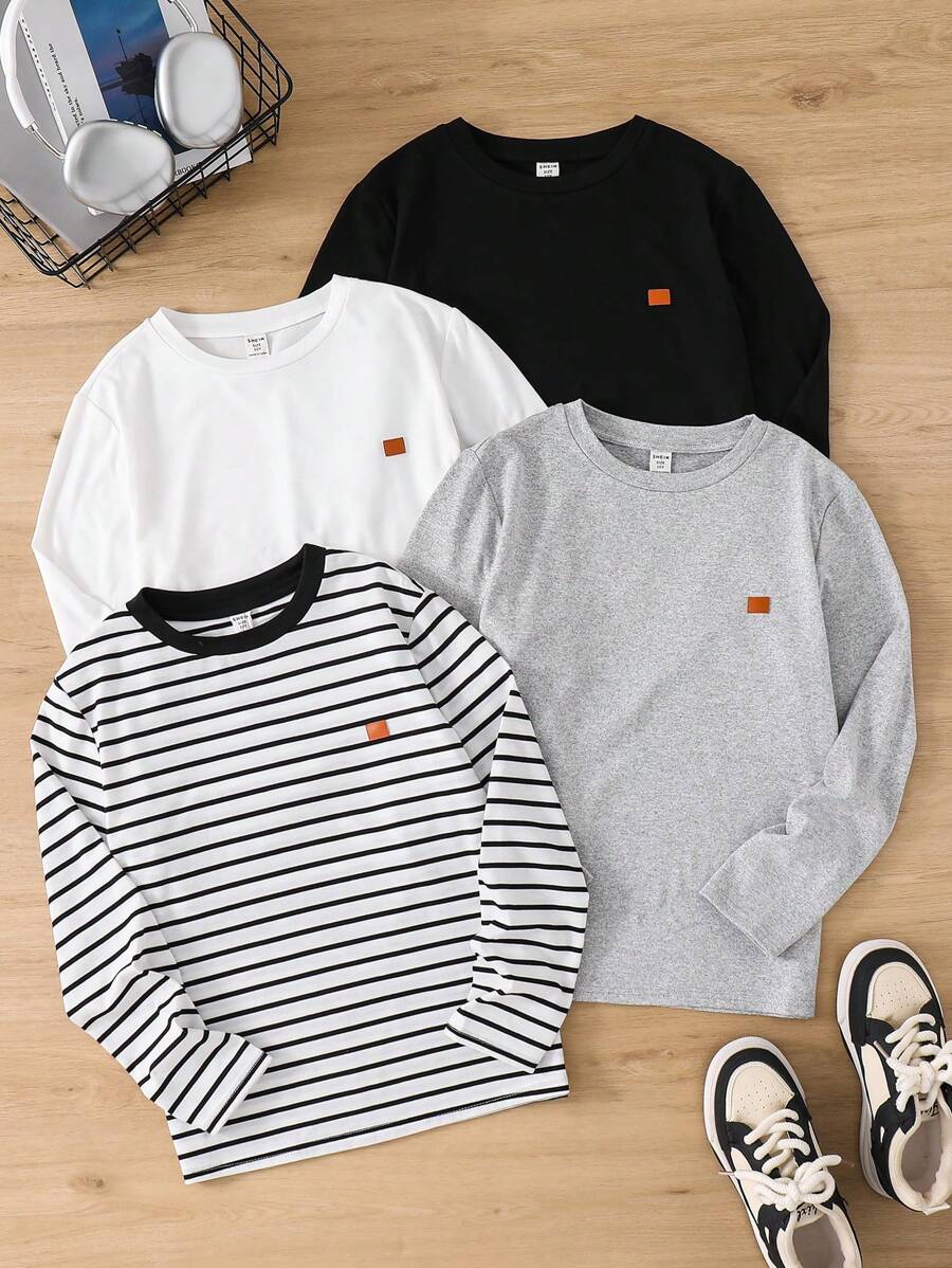 SHEIN 4pcs Kaos Lengan Panjang Kasual Polos & Bergaris untuk Anak Laki-laki Remaja, Gaya Modis untuk Musim Gugur/Musim Dingin - MultiWarna - View 1
