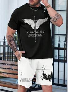 Manfinity LEGND Plus Size Classic Black & White, A Must-Have Outfit! This Sportswear Set Features A Black T-Shirt Paired With White Shorts, With An Angel And Bird Pattern Symbolizing Hope And Freedom. Comfortable Fabric Suitable For Daily Wear And Workouts. The "WASHINGTON 1990" Text Adds A Vintage Touch. Wear It To Showcase Your Unique Style And Bring Vitality To Every Day! - Multicolor - View 4
