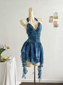 Soleia 女士浪漫度假露背针织网眼蓝色印花连衣裙 - 藍色 - 查看 7