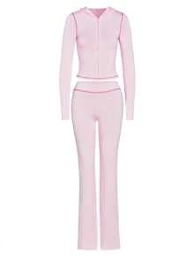 INAWLY 女士秋冬新款豹纹拼色连帽夹克，全拉链开合，超长裤套装