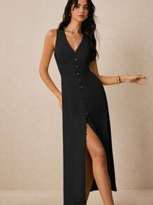 Poéselle 女式纯色 V 领无袖开叉单排扣休闲优雅长裙，夏季 - 黑色 - 查看 4