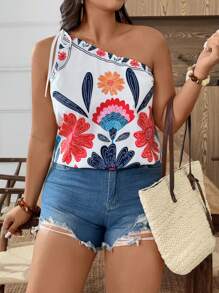 Weeklong Plus Size Women Floral Print Sleeveless Blouse For Outdoor & Holiday - White - View 1