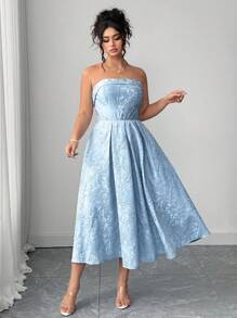 Elenzga Plus Size Elegant French Romantic High-End Luxury Style Sexy Waist Cinched Fitted Jacquard Flare Dress, Prom Baby Blue Strapless Dress Light Blue Elegant Dress Blue Formal Dress Elegant Summer Dress Strapless Jacquard Dress