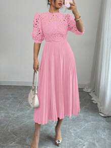 Rafferiza 优雅奢华纯色镂空刺绣拼布百褶连衣裙 - 粉色 - 查看 7